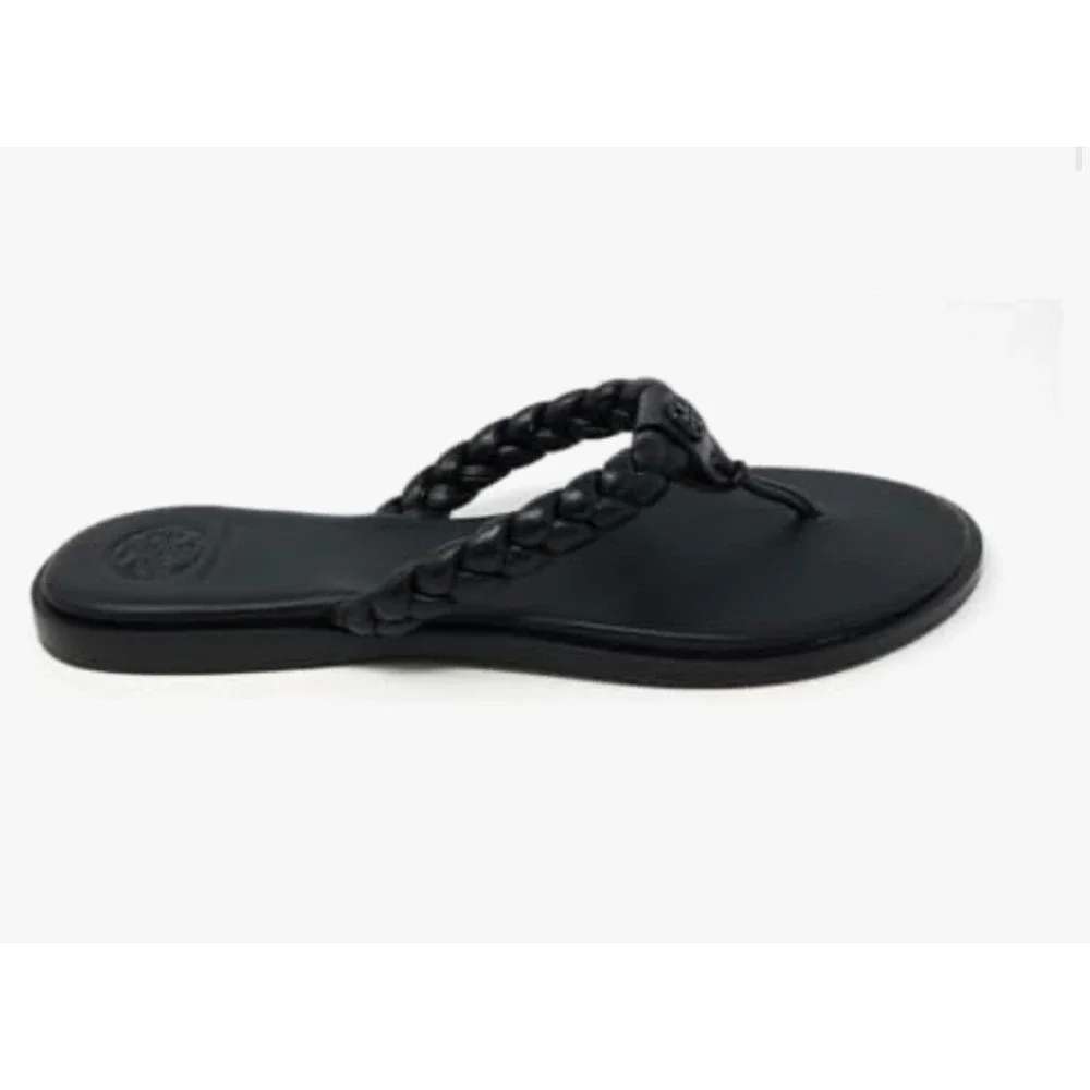 Tory Burch Braided Benton Thong Sandals Black Leather Logo Flip Flops  Size 7